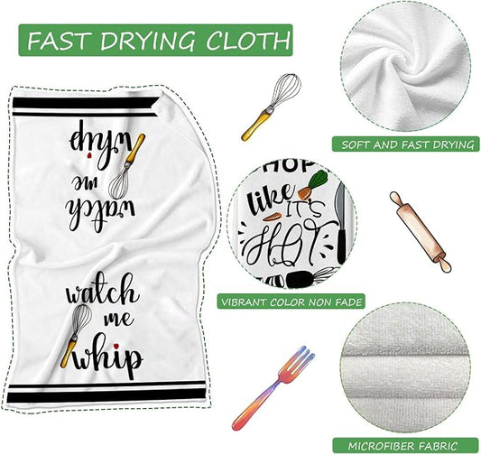 Funny Kitchen Towels and Dishcloths Sets of 4 Kitchen Towels with Sayings Egg Beater Rolling Pin Absorbent Drying Tea Dish Towel for Cooking Baking Home Decorations,18 x 28 Inch