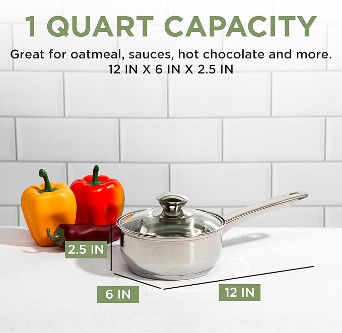 Ecolution Stainless Steel Sauce Pan, Encapsulated Induction Ready Cooking Pot with Glass Lid, Oven Safe, Dishwasher Safe Soup Pot, 1-Quart