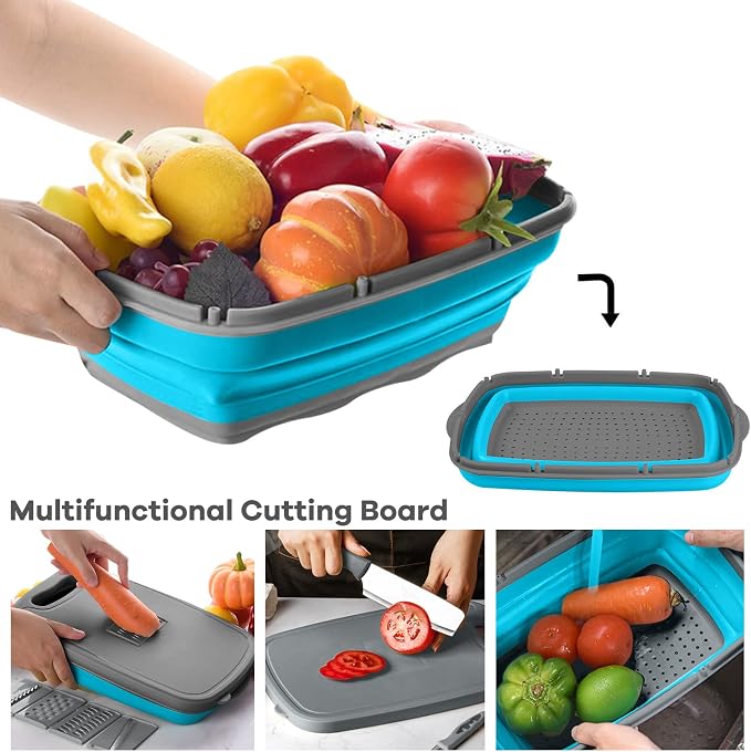 Camping Cutting Board, HI NINGER Collapsible Chopping Board with Colander, 9-In-1 Multi Chopping Board Kitchen Vegetable Washing Basket for Camper,Camping Gifts Camping Accessories for RV Campers