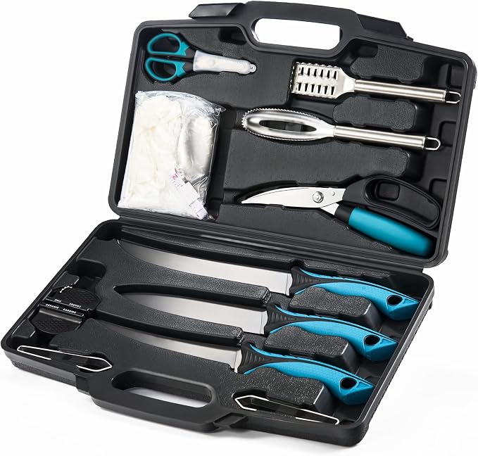 KNINE OUTDOORS Fish Fillet Knife Set Curved Flex 7 inch 9 inch Filet Knife for Filleting and Boning, Non-Slip Handles, Includes Fishing Braid Line Scissors, Fish Dressing Scissors, Filleting Pad