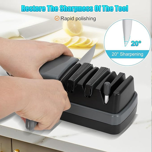 4-Stage Electric Knife Sharpener, For Kitchen Knives, Serrated Knives and Scissors, 100% Diamond Abrasive for Rapid Sharpening & Polishing, Grey Knife Sharpener