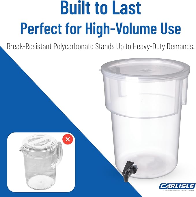 Carlisle FoodService Products Round Beverage Dispenser Drink Dispenser with Spigot for Catering, Plastic, 5 Gallons, Clear