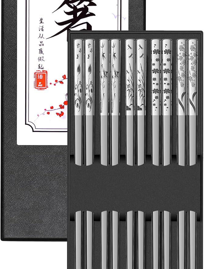 TINMARDA Metal Chopsticks Reusable 5 Pairs 18/8 Stainless Steel Chopstick Beautiful Engraving Patterns Dishwasher Safe Non-Slip Japanese Korean Chop Sticks Present Set