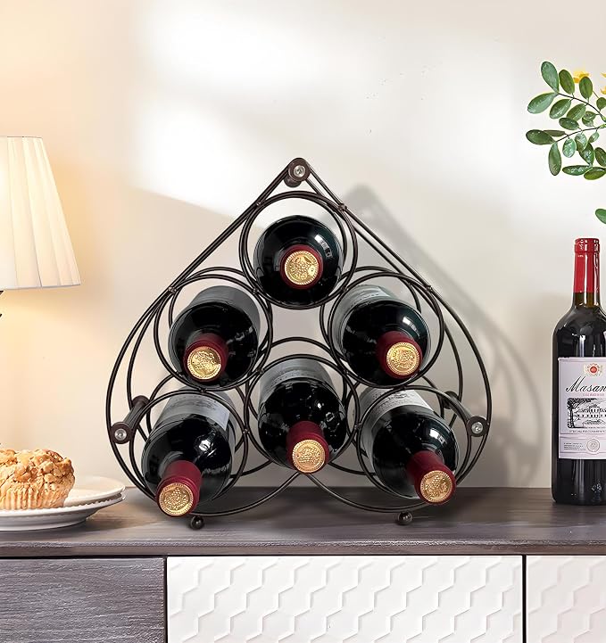 Heart Shape Countertop Wine Rack, 6 Bottles Freestanding Small Metal Wine Holder, Modern Tabletop Wine Storage Stand for Cabinet, Pantry (Black)