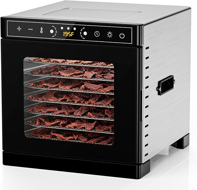 8-Tray Food Dehydrator, 400W, Stainless Steel, 195°F & 24H Time Control | Visible Window Built-in Lighting Stainless Steel