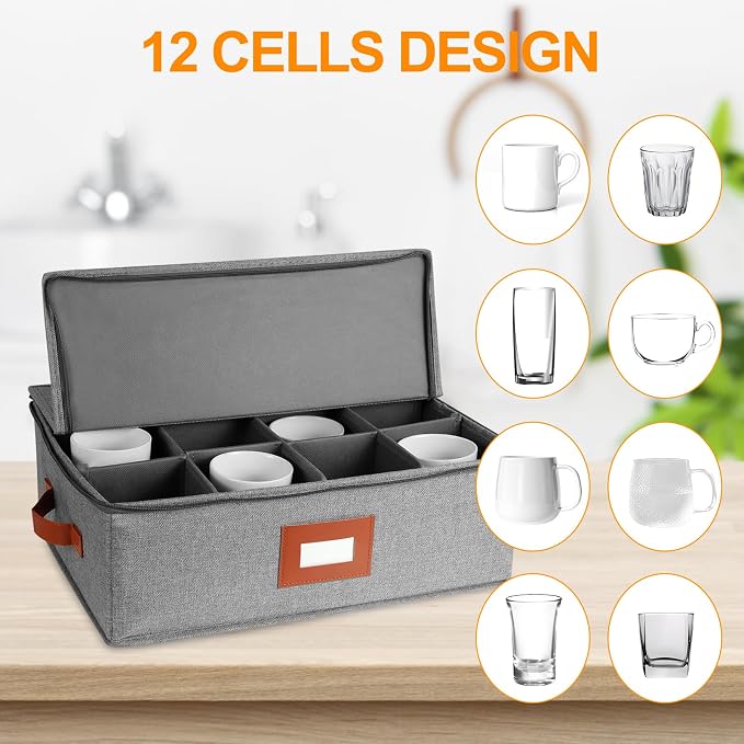 2 Pack Cup and Mug Storage Box with Dividers for 24 Tea Cups and Coffee, Coffee Mug Storage with Zipper Lid and Rivet Reinforced Handles, Protects Fine China, Hard Top, Sides and Stackable (Grey)