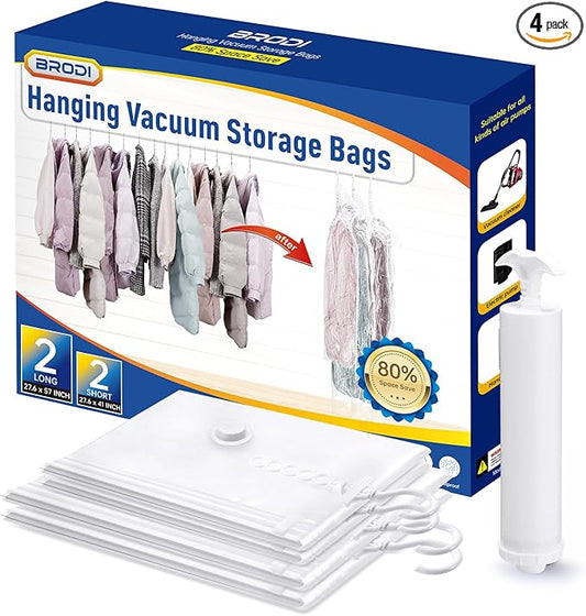 Hanging Vacuum Storage Bags For Clothes With Hand Pump,Coat Storage Bag Hanging,Vacuum Bags For Clothes,Space Saver Vacuum Storage Bags,Garment, Clothing, Dress, Suit, Long Coat, Jacket(Combo 4 Pack）