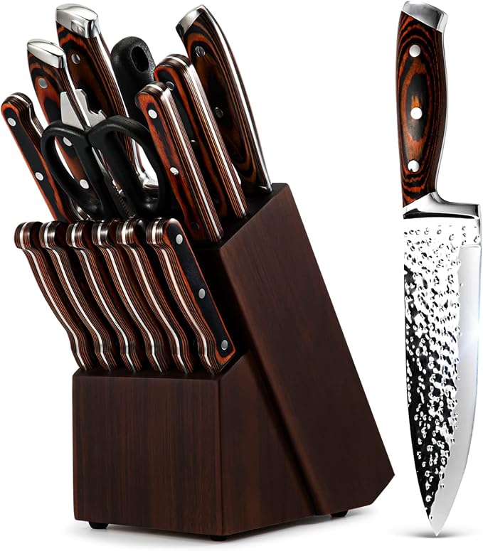 Kitchen Knife Set,15-Piece Knife Set With Block Wooden,Self Sharpening For Chef Knife Set,High Carbon Japan Stainless Steel Hammered Collection Knife Block Set with Steak Knives, Boxed Knife Set | Hammered Collection, Japan Stainless Steel, with 6Pcs S...
