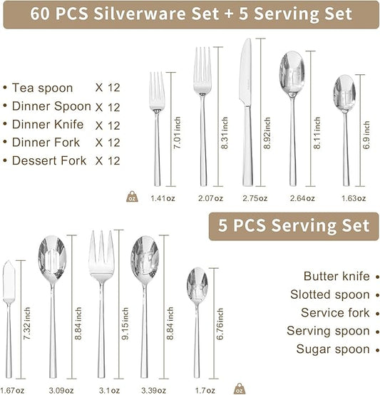 KINGSTONE Silverware Set with Serving Utensils, 65-Piece Forged Flatware Set Cutlery Set Premium Stainless Steel, Service for 12, for Kitchen, Home, Wedding, Party, Mirror Polished and Dishwasher Safe