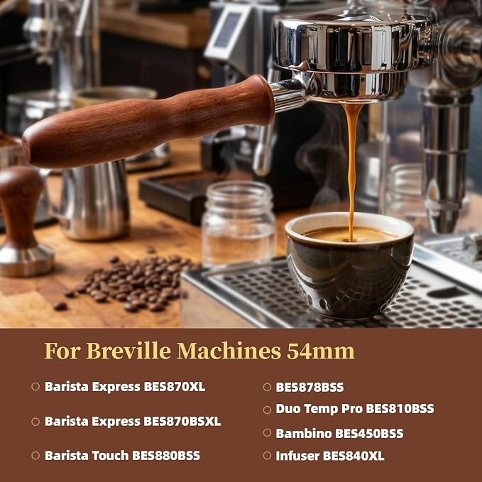 54mm Bottomless Portafilter 3 Ears Espresso Portafilter with 18-20g Basket fit Breville Bambino Barista BES870XL, BES450BSS, BES876BSS, BES880BSS, 878BSS, 500BSS, 840XL Express Machines (Wood)