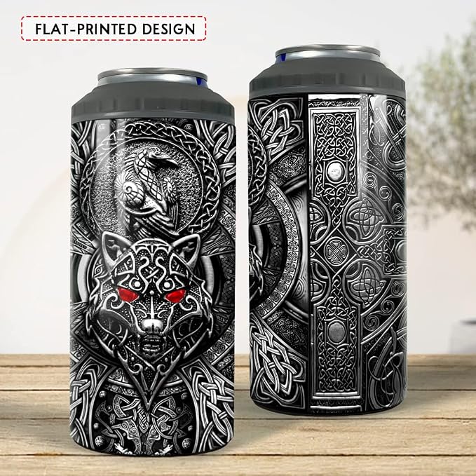 SANDJEST Wolf Tumbler Raven Viking 4 in 1 12oz Tumbler Can Cooler Coozie Skinny Stainless Steel Tumbler Gift for Men Dad Son Father Husband Christmas Birthday