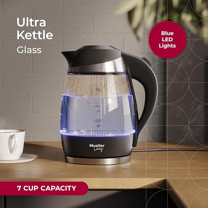 Mueller Living Electric Kettle, Electric Tea Kettle for Boiling Water, 1500W SpeedBoil with Automatic Shutoff, 1.8L Cordless with LED Light, Borosilicate Glass Tea Kettle Pot Water Heater, BPA Free