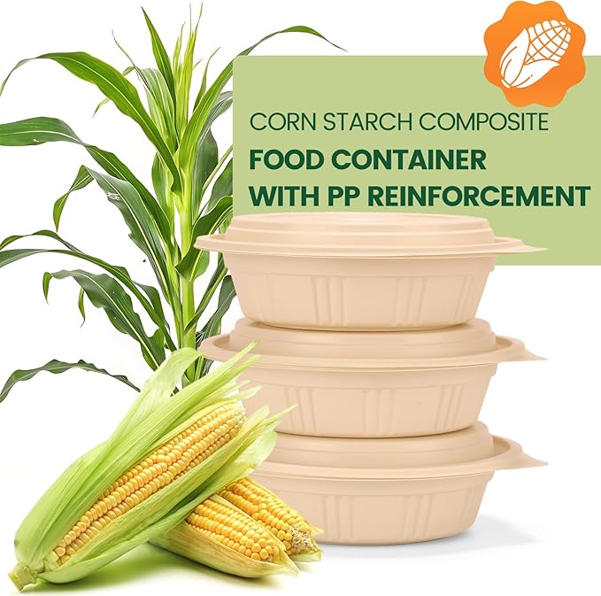 100 Piece (50 Pack) Meal Prep Bowl Containers with Lids, Cornstarch Round Food Containers for Lunch Salad Deli Soup, BPA Free Plant-based Take Out Containers Microwave & Freezer Safe, 16 oz