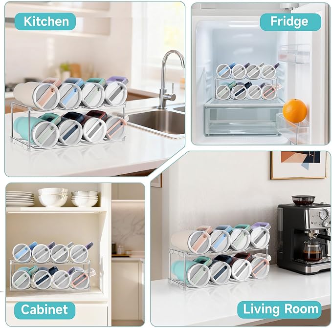 spospo Stackable Water Bottle Organizer Large Compartment Bottle Holder | Tumbler Organizer for Stanley 40 oz Cup, Kitchen Cabinet Storage Organizer for Stanley Cup Accessories, 2 Tier Hold 8 Bottle