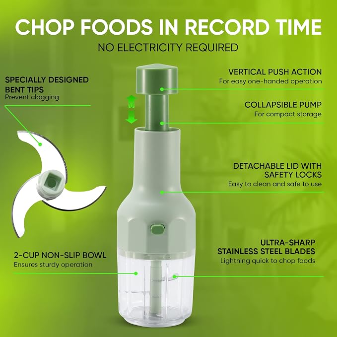 Brieftons Express Small Manual Food Chopper, 2-Cup: Hand Chopper with Container, Push-Down Pump Onion Chopper, Garlic Chopper, Green Veggie Cutter for Salsa, Salad, Coleslaw, Baby Food, Indian Cooking