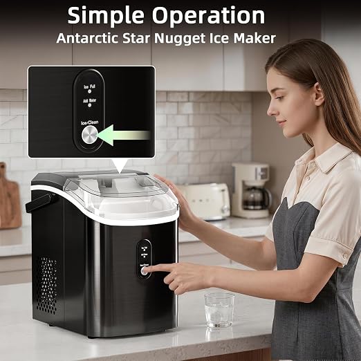 Antarctic Star Nugget Ice Maker Countertop, 35lbs/24H Ice Machine, Soft Chewable Sonic Ice, Self-Cleaning, Fast Ice Ready in 8 Minutes, Compact Design with Handle, Stainless Steel Black