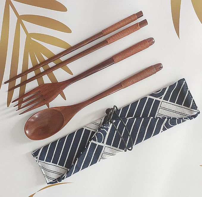 Wooden Cutlery Set Chopsticks Spoon Fork with Tied Line, Bamboo Outdoor Camping Travel Utensils Reusable Tableware Spoon for Eating with Cloth Bag (4 Pack)