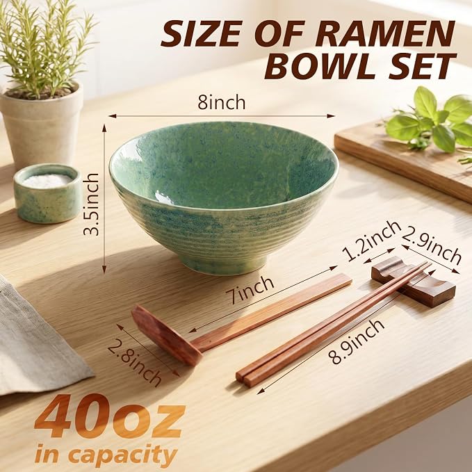 Geiserailie 40oz Ceramic Japanese Ramen Bowls Set of 4, 8 Inch Deep Asian Pho Udon Soup Noodle Bowls with Chopsticks, Spoons & Chopstick Rest -Microwave & Dishwasher Safe(Peacock Green)