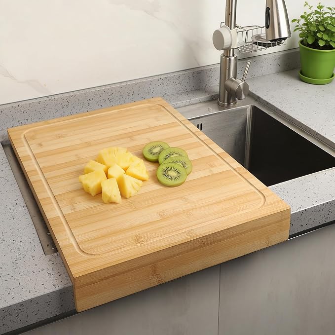 BAMOTTO CRAFTBAMBOO 15.8x22 Inch Large Bamboo Cutting Board Sink Cover | Non-Slip Detachable Lip | Reversible with Juice Groove | Kitchen Countertop Board Noodle Board | Stovetop Cover