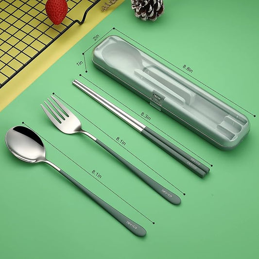 DEVICO Travel Utensils with Case, 18/8 Stainless Steel Silverware for Lunch | 4Pcs Portable Reusable Travel Cutlery Set, Korean Chopsticks Fork and Spoon Set for Camping/Picnic/Work/Gadgets/School, Green