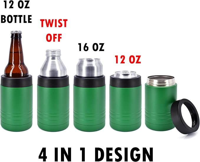 4-in-1 Stainless Steel 12 oz Double Wall Vacuum Insulated Can or Bottle Cooler Keeps Beverage Cold for Hours - Also Fits 16 oz Cans - Powder Coated Green - Clear Water Home Goods