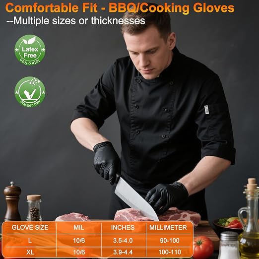 ANBOSON BBQ Gloves Disposable, Heat Resistant Grilling Gloves for Cooking | 6Mil Disposable Nitrile Gloves-100Ct & 4 Cotton Liners for BBQ, Grill, Smoker, Cooking, Food Prep, Catering, Large, Black
