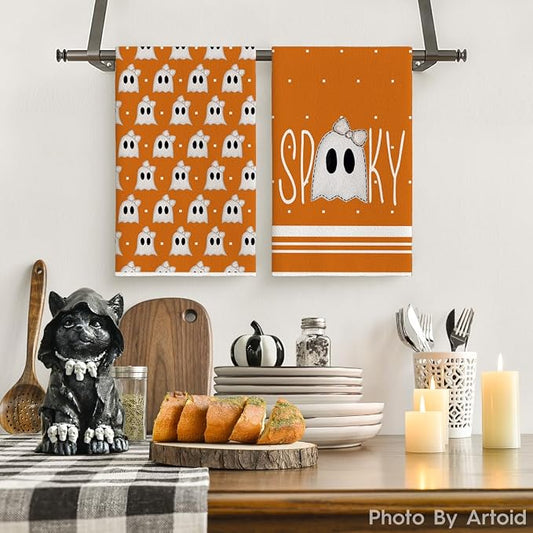Artoid Mode Orange Ghost Halloween Kitchen Towels Set of 2 18x26 Inch | Spooky Bow Knot Hand & Dish Towels,Ultra Absorbent,Seasonal Farmhouse Decoration