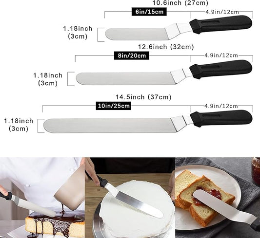 Icing Spatula, Cake Spatula, Frosting Spatula Set - 6", 8", 10" Stainless Steel Offset Spatulas with Non-Slip Handle & 3 Cake Scrapers, Angled Baking Decorating Tools