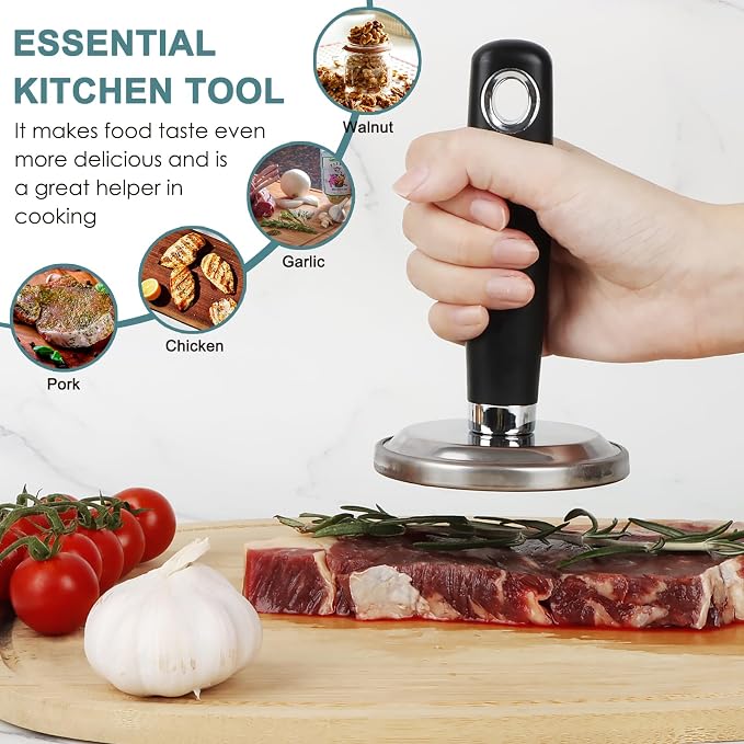 Meat Pounder Tenderizer, Stainless Steel Kitchen Meat Tenderizer Hammer, Round Chicken Flattener Tool with Comfortable-Grip Rubber Handle for Flattening Cutlets and Tenderizing Meat