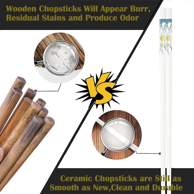 Ceramic Chopsticks Reusable 5 Pairs,Porcelain Chop Sticks,Daffodil,9.7'' | Easy to Clean,Dishwasher Safe,Heat Resistant,with a Gift case,Cooking Chopsticks,High-grade Bone China Porcelain