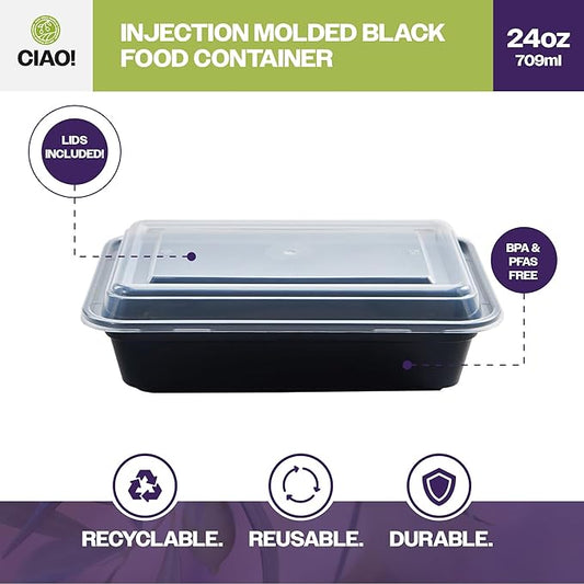 CIAO! Heavy Weight 24oz Injection Molded Microwavable Black Rectangular Food Container With Lid (150/case)