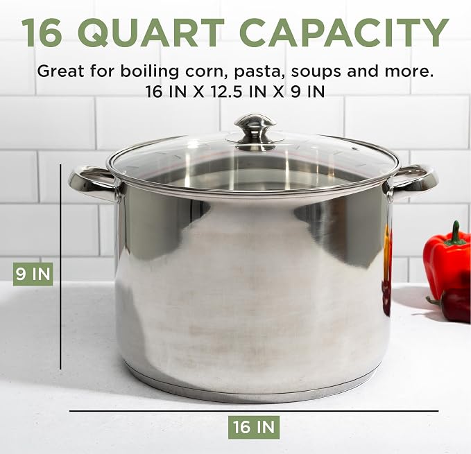 Ecolution Pure Intentions Stock Pot - Features Tempered Glass Lid, Keep Cool Handle, and Encapsulated Bottom - Oven Safe - Curbside Recyclable Stainless Steel - 16 Quarts