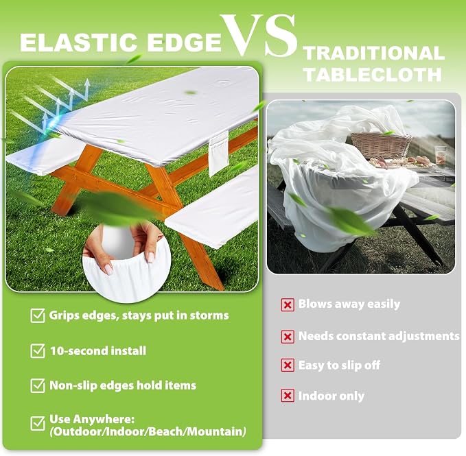 Wrakus Picnic Table Cover with Bench Covers Vinyl Elastic Edges Fitted Rectangle Seat Tables Waterproof 3-Piece72X30in Set Outdoor Rectangular Folding Backing Tablecloth for Camping Over Size