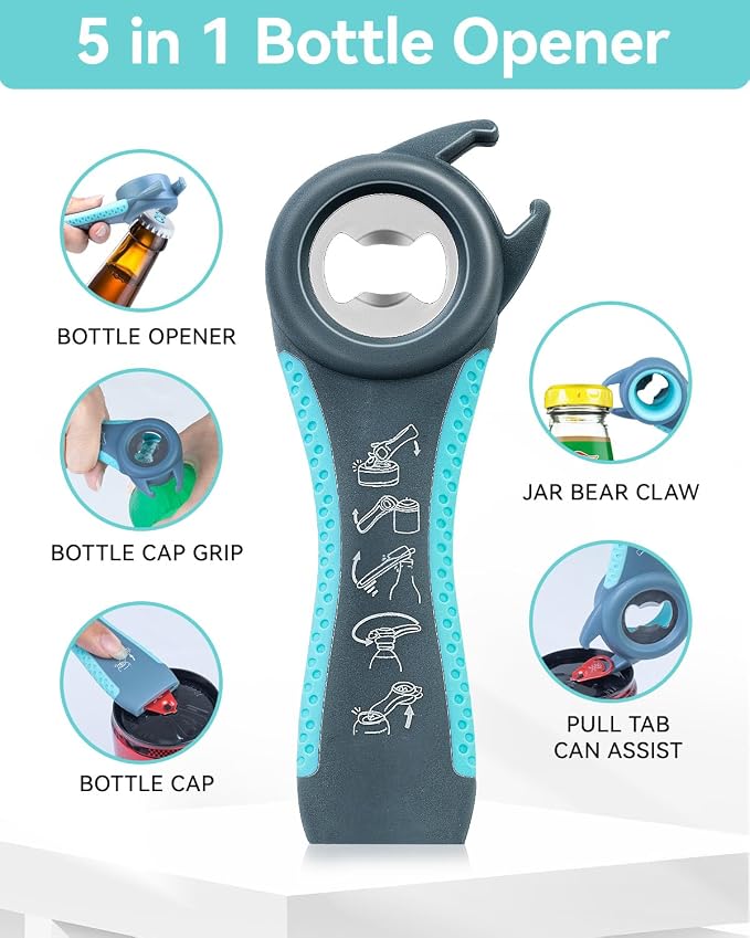 Jar Opener 3-Piece Set for Seniors with Arthritis, Multi-Function Can and Bottle Opener for Weak Hands, Ergonomic Non-Slip Kitchen Tool Set, Easy-to-Use, Thoughtful Gift for Elderly