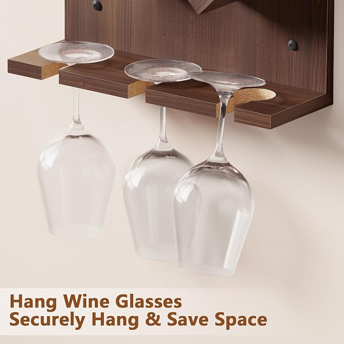 Hoctieon Wine Rack Wall Mounted, 6 Bottles Wood Wine Rack for Display and Storage, Hanging Bottle Holder Bar Shelves for Living Room, Kitchen, Dining Room, Wine Cellar, Walnut