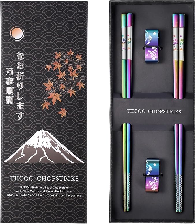 Metal Chopsticks Reusable 2 Pairs Titanium Plated 18/8 Stainless Steel Chopsticks with Holder, Dishwasher Safe Non-Slip Japanese Style Laser Engraved Chop Sticks Gift Set (Rainbow)
