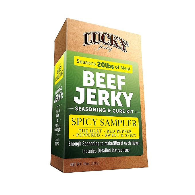 Lucky Jerky Ultimate Spicy DIY Beef Jerky Seasoning and Cure Kit, 12 Oz | Make Your Own with The Heat, Red Pepper, Black Pepper, and Sweet & Spicy, Seasons 5 lbs per Flavor, 20 lbs Total