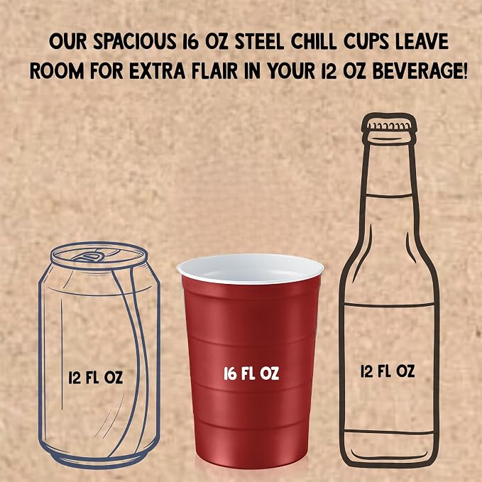 Steel Chill Cups 16 oz. Durable & Reusable Party Cups, Red, 12 Count