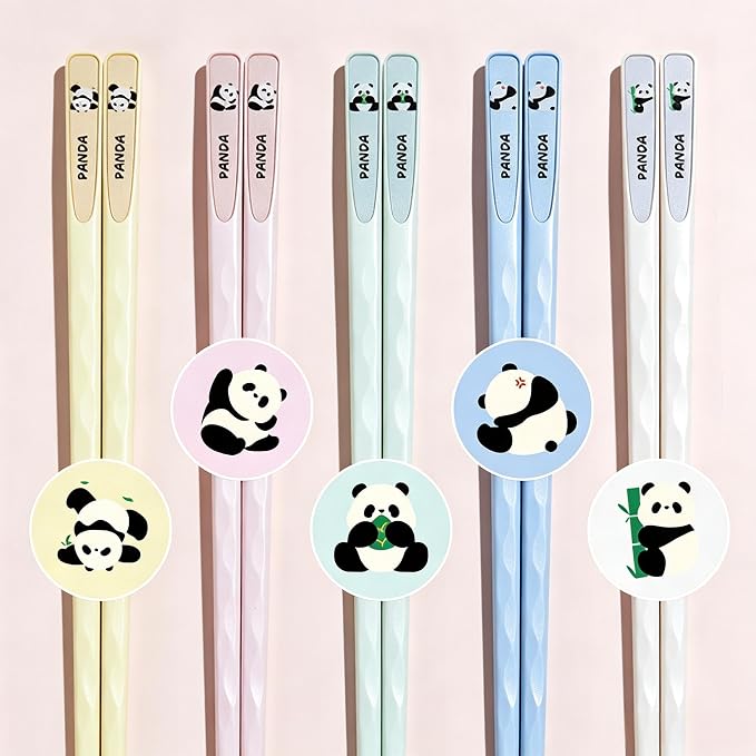 Cute Panda Fiberglass Chopsticks – Dishwasher Safe & Heat-Resistant, Non-Slip Matte Finish, 9.57” (24.3cm) Lightweight Reusable Chop Sticks, 5 Pairs