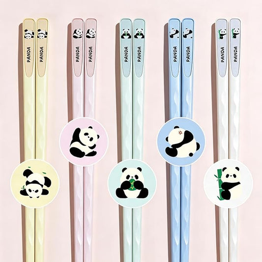 Cute Panda Fiberglass Chopsticks – Dishwasher Safe & Heat-Resistant, Non-Slip Matte Finish, 9.57” (24.3cm) Lightweight Reusable Chop Sticks, 5 Pairs
