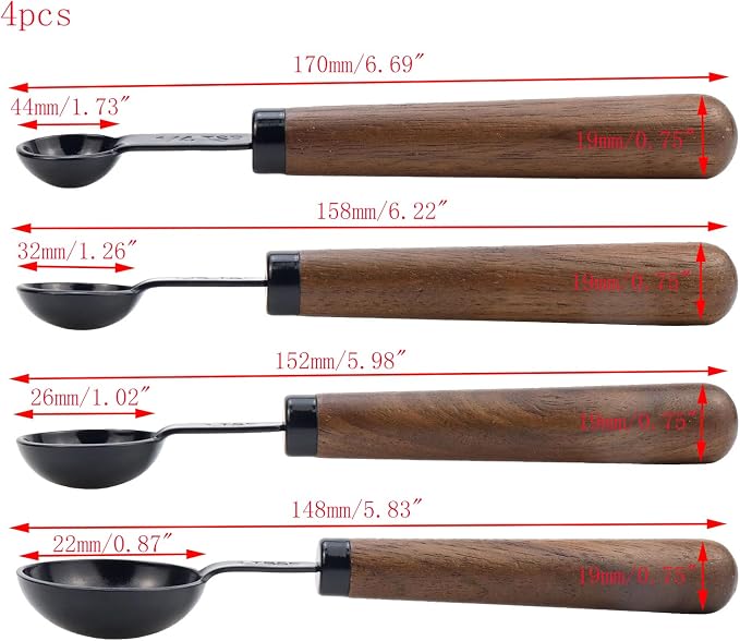 Set of 4 Measuring Spoons Black Measuring Scoops with Wooden Handle Stainless Steel Measuring Spoons Set for Kitchen Flour Spice Seasoning Measurement (15ml+5ml+2.5ml+1.25ml)