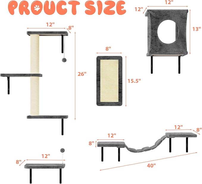 12-in-1 Cat Wall Shelves, Modern Wall-Mounted Cat Furniture, Wooden Climber Includes House, Bridge, Tree, Steps, and Scratcher, Space-Saving Cat Climbing Wall Systems, Dark Gray