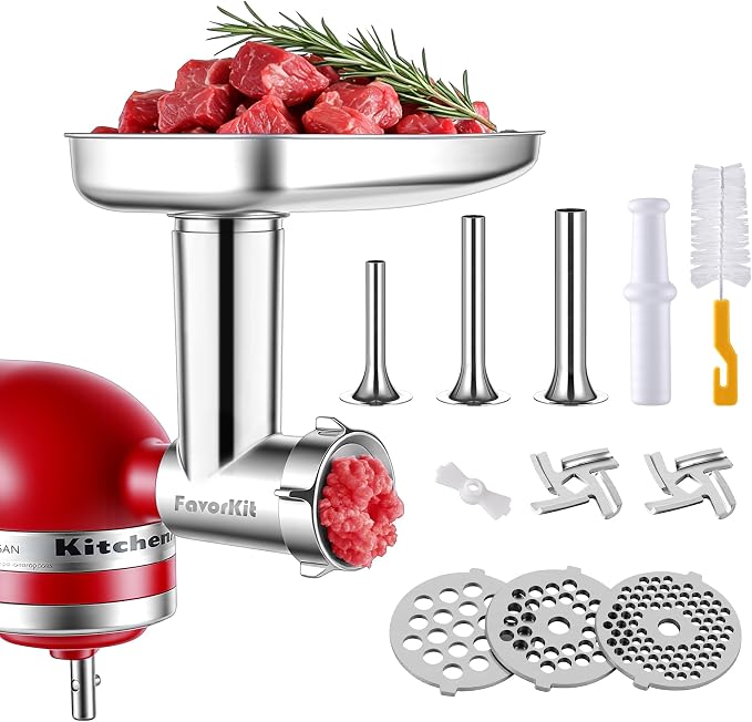 FavorKit Stainless Steel Food Grinder Attachment for KitchenAid Mixers, Dishwasher Safe Meat Processor Accessory Included 3 Sausage Stuffer Tubes