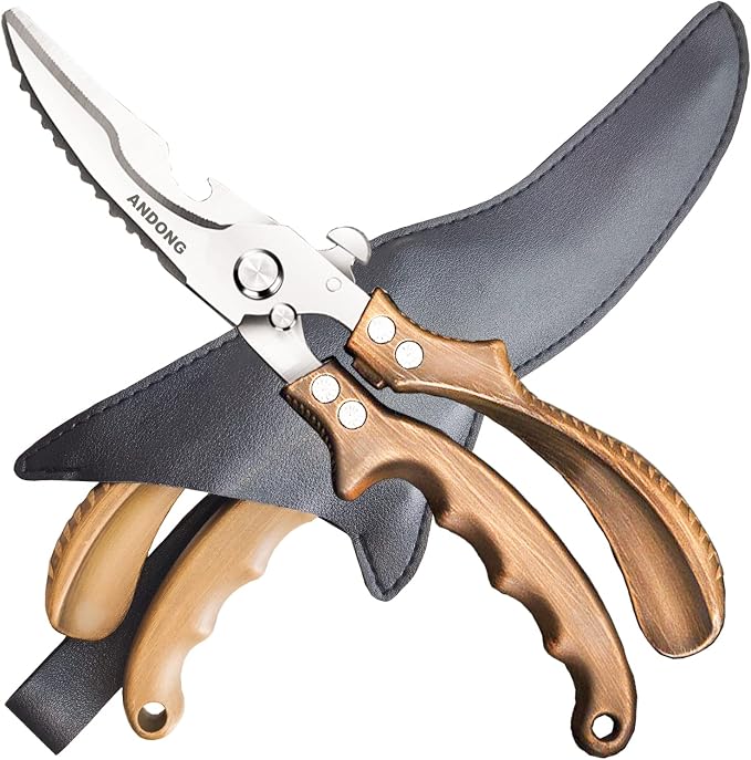 ANDONG Kitchen Shears - Heavy Duty Stainless Steel Poultry, Meat & Bone Scissors with Black Leather Sheath for Food