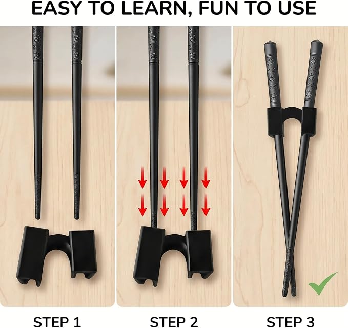 Fiberglass Training Chopsticks Set of 8 Pairs, Chop Sticks Reusable Dishwasher Safe with Chopsticks Helper for Beginners Kids&Adults, Non-Slip Durable Black Chopsticks for Sushi/Noodles/Daily Use