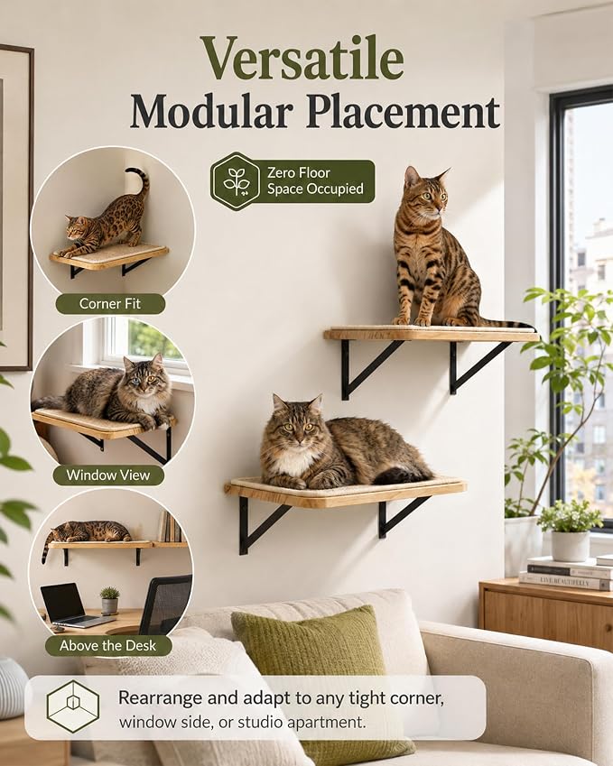Cat Floating Wall Shelf with Scratching Mat, 1PC, 9.7X16.6 Inch | 1 Inch Thick Wood Board , Wall Mounted, Supports to 30 LBS, For Sleeping, Playing, Climbing