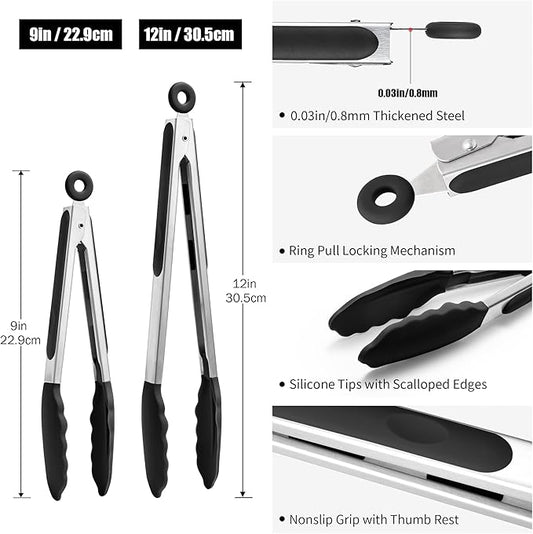 Doosu Kitchen Tongs for Cooking - 600°F Heat Resistant Food Tong Set with Non-Scratch Silicone Tips, Heavy Duty Stainless Steel Locking Tong for BBQ, Grilling Steak, Serving Salad (9+12in, Black)