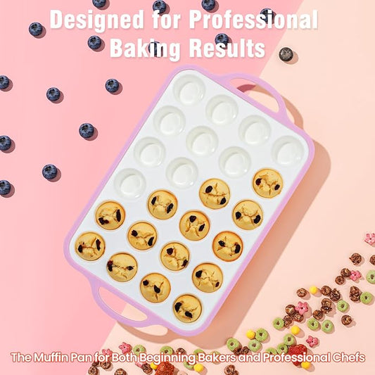 Silicone Mini Muffin Pan With Metal Reinforced Frame - 24 Cups Durable Silicone Cupcake Pan for Muffin, Cupcakes, BPA Free and Dishwasher Safe - 2 Piece Pink