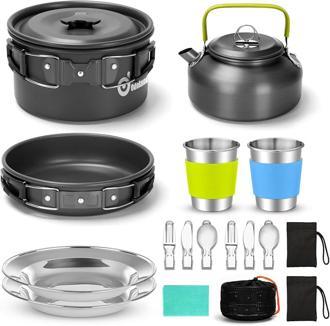 Odoland 15pcs Camping Cookware Mess Kit, 1.9L Pot, for Camping, Backpacking | Anodized aluminum, for hiking, outdoor cooking and picnic, 1.9L pot 0.8L kettle 0.86L pan mess kit, little compact pot set