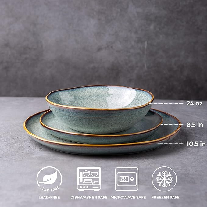 AmorArc Ceramic Dinnerware Sets,Handmade Reactive Glaze Stoneware Plates and Bowls Set,Highly Chip and Crack Resistant | Dishwasher & Microwave Safe,Service for 8 Dishes Set (24pc)